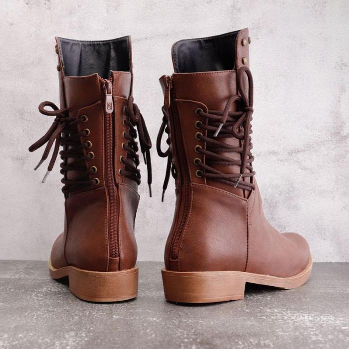 Back Zipper Vintage Boots Lace-Up Holiday Mid-calf Boots
