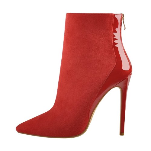 Red Suede Patent Leather Stitching Pointed Toe Ankle boots