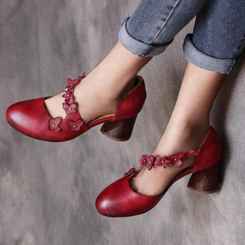 FLOWER ROUND TOE CHUNKY HEEL SUMMER PU WOMEN SANDALS