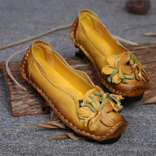 Women Summer Artificial Leather Handmade Flower Loafers Soft Flat Casual Shoes