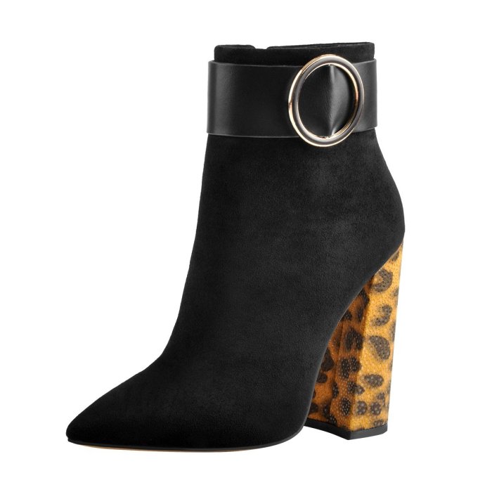 Leopard Chunky Heels Ring Buckle Pointed Toe Ankle Boots