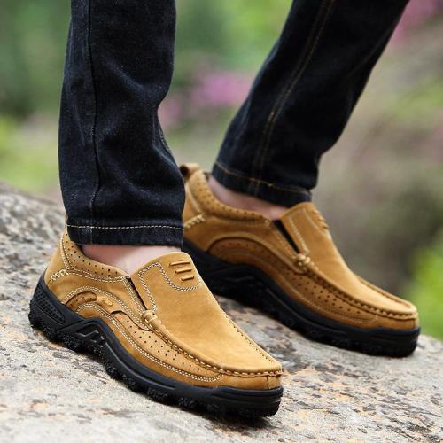 Mens Genuine Leather Slip-on Climbing Hiking Shoes