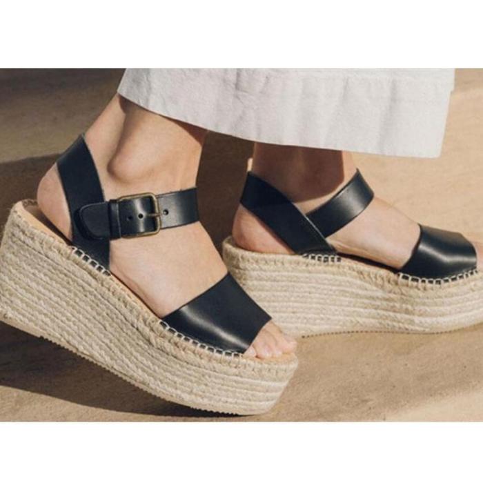 High Straw-Weaved Wedges Platforms Buckle Summer Sandals