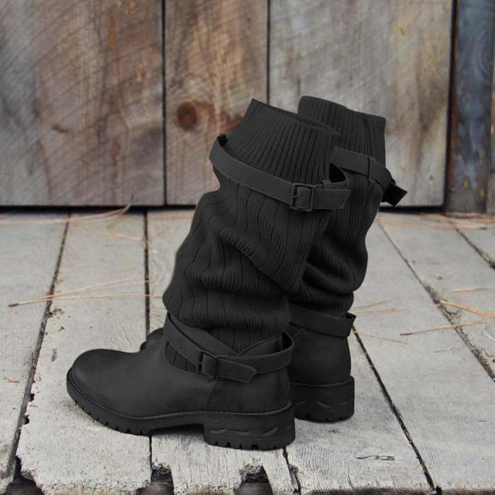 Comfy Cabin Sweater Boots Women Vintage PU Paneled Adjustable Buckle Casual Boots