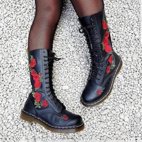 Classic ladies embroidery lacing low-heel mid boots