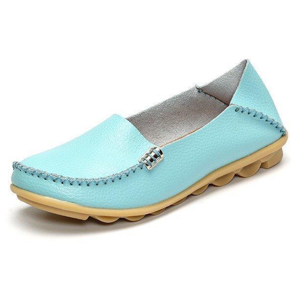 Big Size Soft Leather Pure Color Metal Slip On Comfortable Lazy Flats