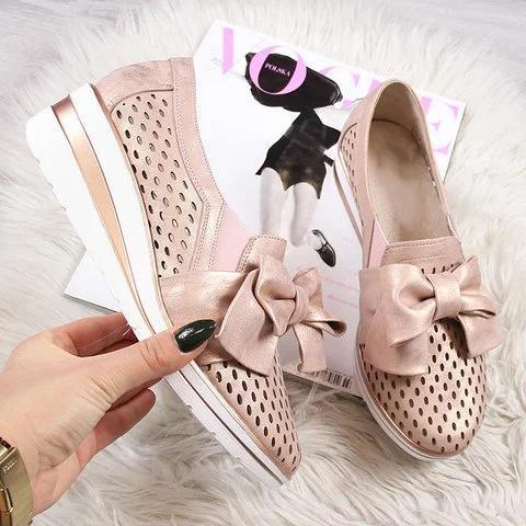 Hollow Bowknot Wedge Heels Slip-on Shoes
