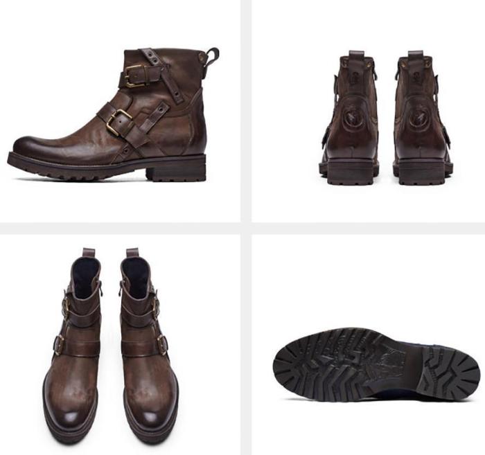 Men Vintage Genuine Leather Buckle Cowboy Ankle Boots