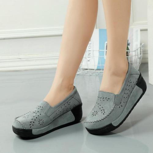 Women Faux Suede Slip-on Loafers Hollow-out Casual Platform Shoes