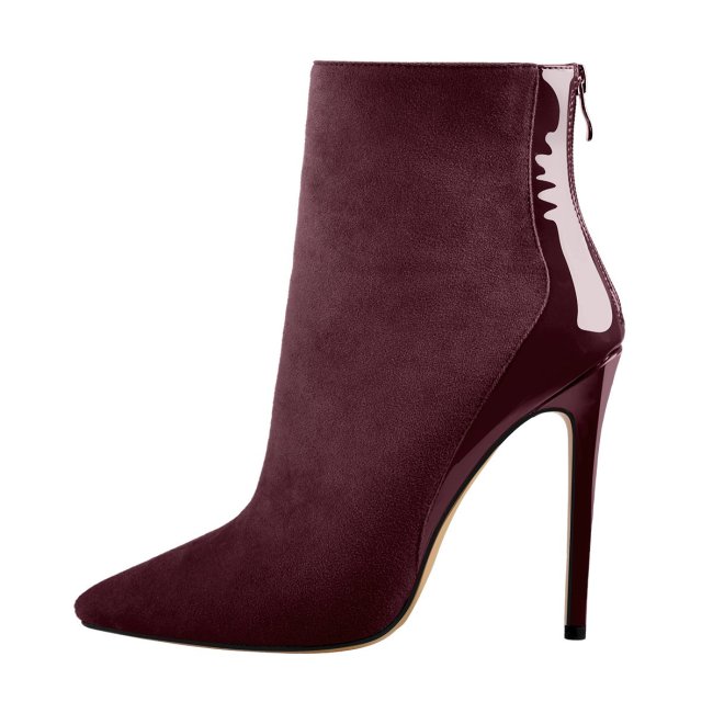 Suede Patent Leather Stitching Pointed Toe Ankle Boots