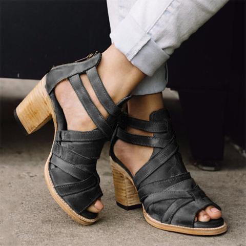 Solid Band High Chunky Heels Back Zipped Women Sandals