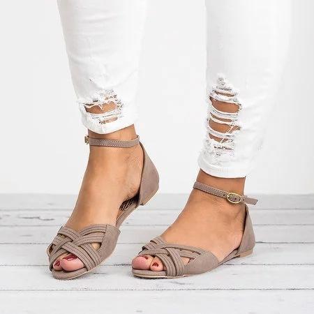 Women Buckle Strap Peep Toe Flat Sandals