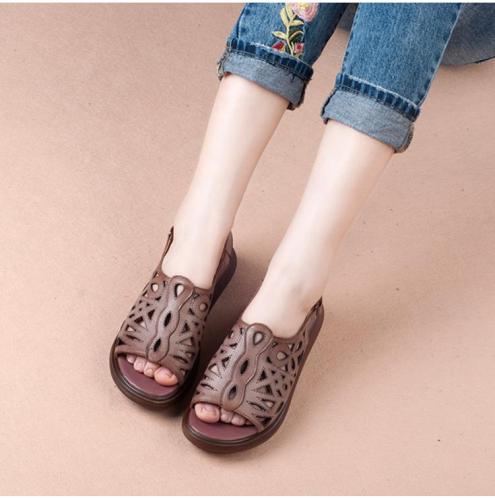 Summer Genuine Leather Vintage Style Laides Shoes Flat Sandals