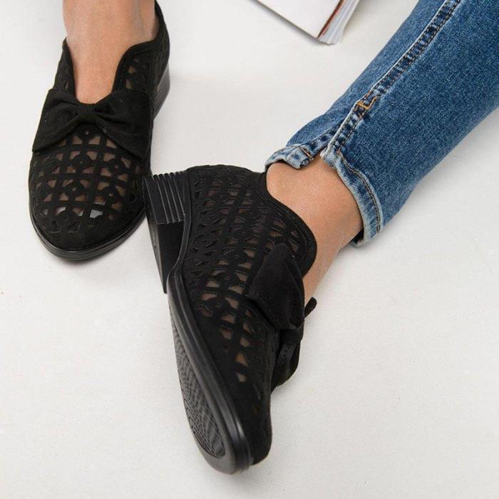 Faux Leather Hollow Chunky Heel Loafers