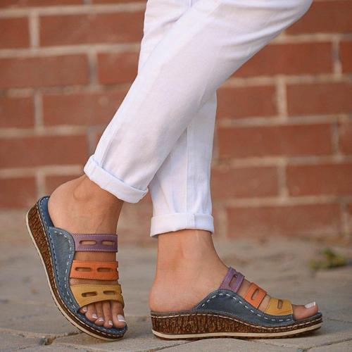 Multicolor Color Block Wedges Peep Toe Mule Sandals