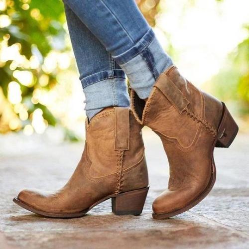 Pointed Toe Slide Pu Chunky Heel Casual Ankle Women Boots