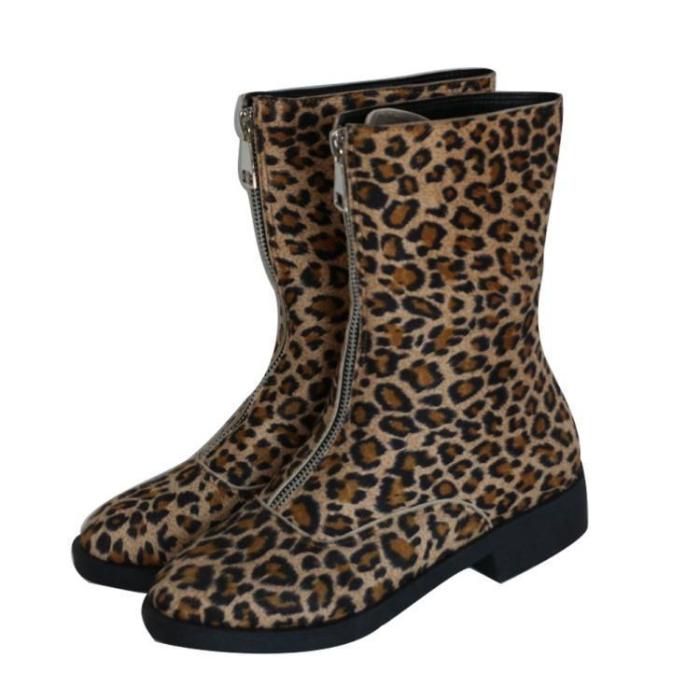 Flocking Center Front Zipper Low Heel Mid-Calf Boots