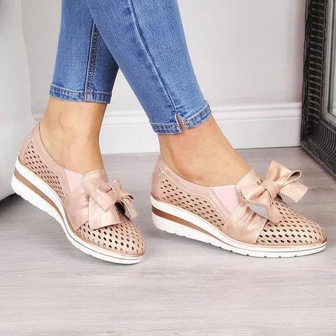 Hollow Bowknot Wedge Heels Slip-on Shoes