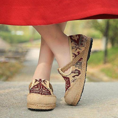 Embroidered Slip-On Women Tribal Fabric Loafers