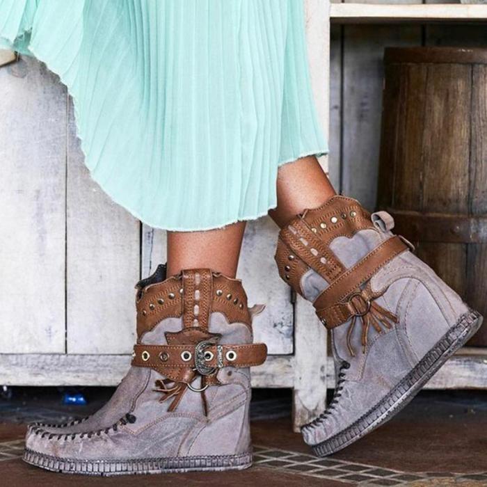 Boho Style Buckle Strap Winter Ankle Suede Boots