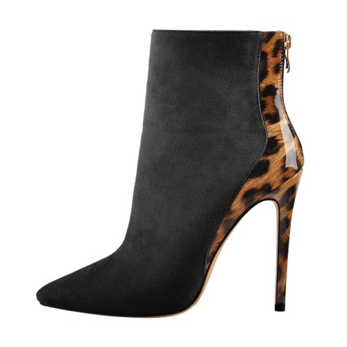 Black Suede Leopard Patent Leather Stitching Pointed Toe Ankle Boots