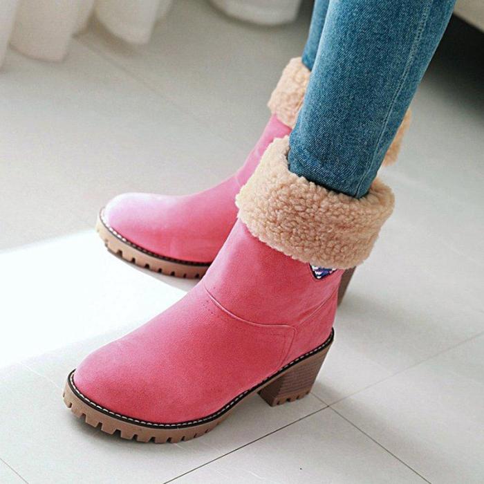 Womens Chunky Heel Round Toe Casual Winter Snow Boots