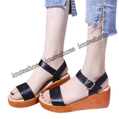 Hollow Wedge Sandals Women Thick-Soled Sponge Cake Buckle High-Heeled Roman Shoe