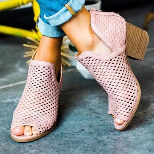 Pink Hollow Peep-toe Chunky Heels Fashion Sandals