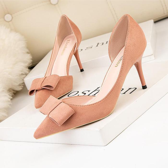 Sweet High-heeled Shoes Shallow Mouth Pointy Sexy Hollow Suede Bow Women's Single Shoes
