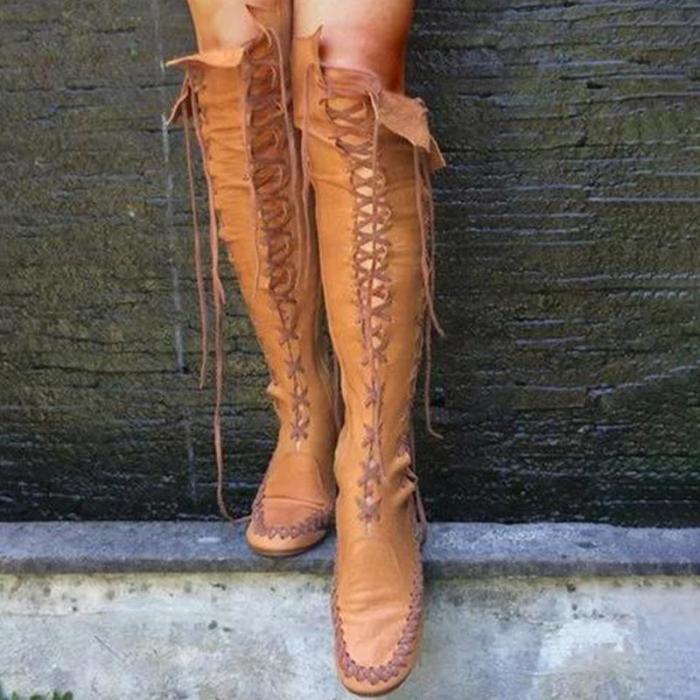 Chic Stylish Knee High Solid Lace-up Boots