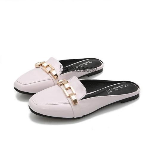 New Fashion Metal Belt Sandal Square Head Solid Color Patent Leather All Match Flat Bottom Sandal