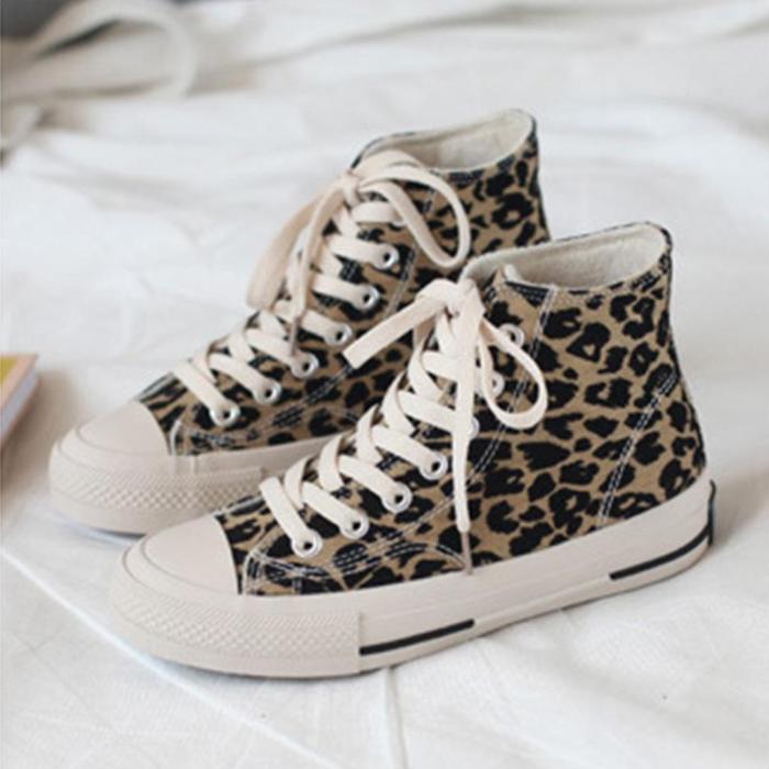 Leopard Print Canvas High-top Casual Flat Sneakers