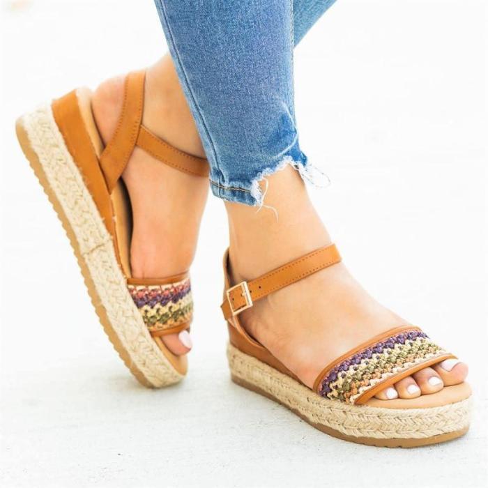 Summer Straw-Weaved Hollow Buckle Women Platform Sandals