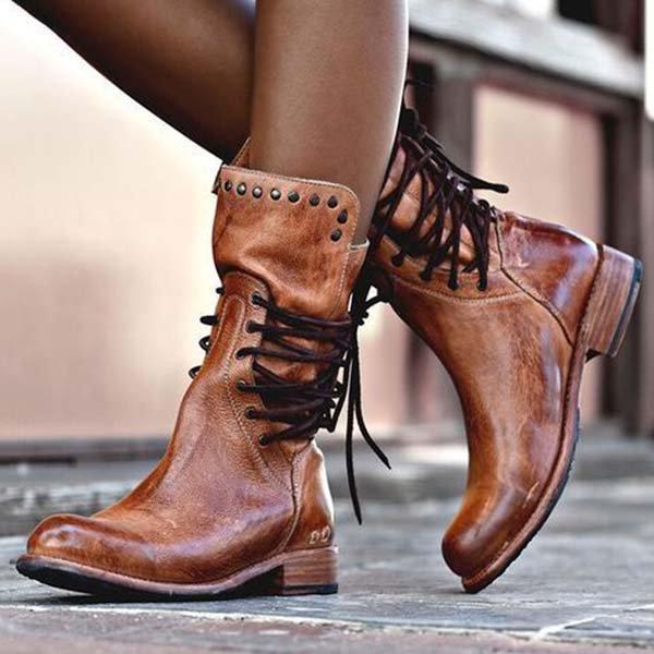 Women Vintage Boot Zipper Lace-Up Holiday Mid-calf Boots