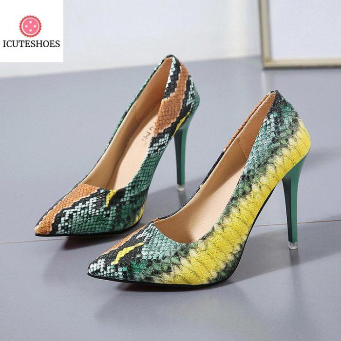 PU Leather Pointed Toe Pumps Snake Printing Female Shoes
