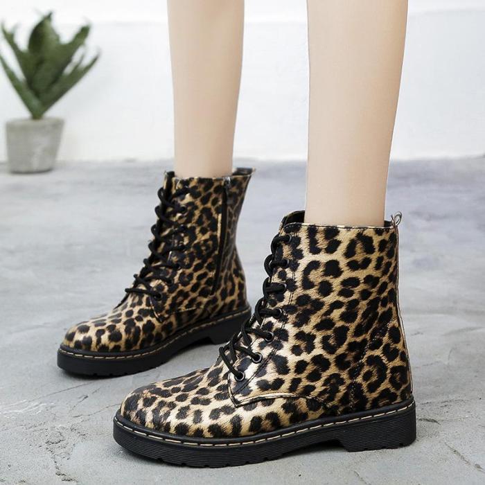 Leopard Print Lace-Up Low Heel Plus Velour Lining Martin Boots