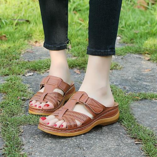 hollow out pu leather slides fashion flat heels rome style sandals