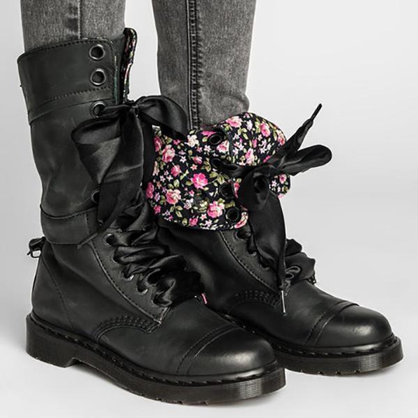 Women Vintage Lace-up Leather Mid-Calf Chunky Heel Boots