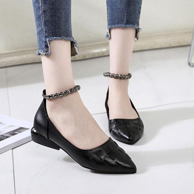 Plain  Chunky  Low Heeled  Ankle Strap  Point Toe  Date Flat & Loafers