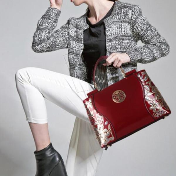 Patent Leather Europe Embroidery Sequined Chains Handbag