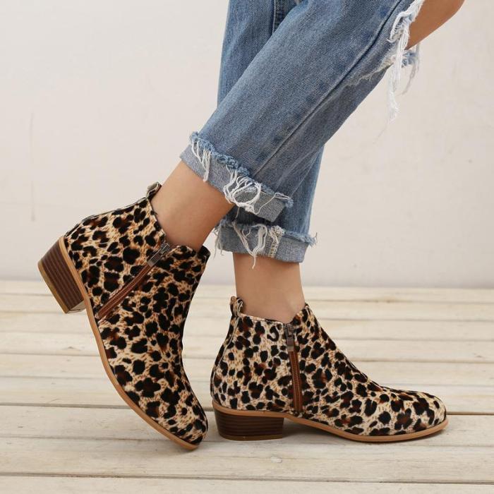 Leopard Solid Slip-on Low Heels Ankle Boots