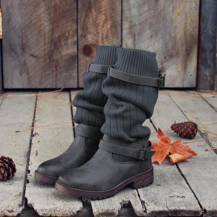 Comfy Cabin Sweater Boots Women Vintage PU Paneled Adjustable Buckle Casual Boots