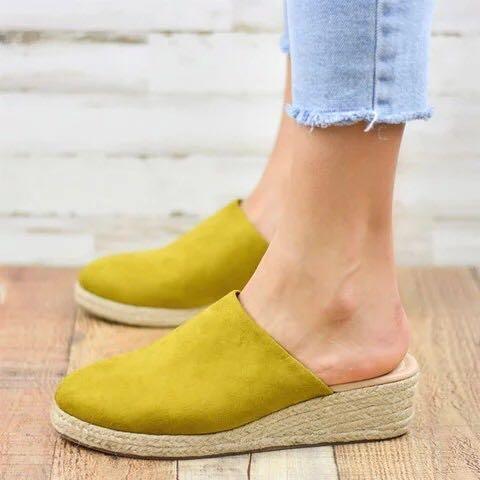 Artificial Suede Slip-On Straw-Weaved Wedges Sandals