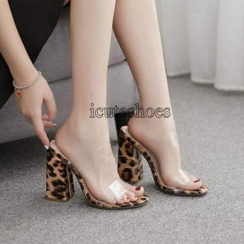 Women Slippers Square High Heels Summer Strap Outdoor Elegant Leopard Shoes