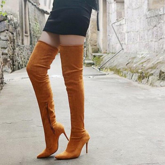 Thigh High Boots Women Sexy Over The Knee Boots Stretch Flock High Heel Long Shoes Woman Big Size