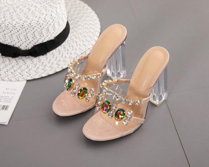 Crystal Slippers Open Toe High Heels Shoes Woman Crystal Transparent Heeled Slippers Sandals