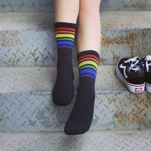 Women Art Rainbow Striped Short Socks Cartoon Cotton Cool Skateborad Socks Female Girl White Ankle Socks