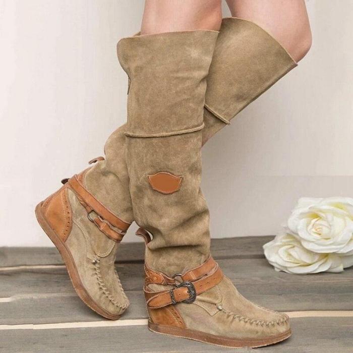 New Winter Pu Leather Women Knee High Boots Low Heels Platform Ladies Warm Shoes Slip-On Vintage Riding Boot