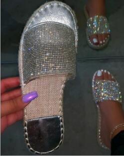 Women Summer Sandals Flats Plus Size Shoes Woman Shiny Bling Crystal Deco Slippers Open Toe Sandalias