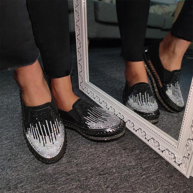 Women Chic Coloc-block Shining Rhinestone Slip-on Loafers